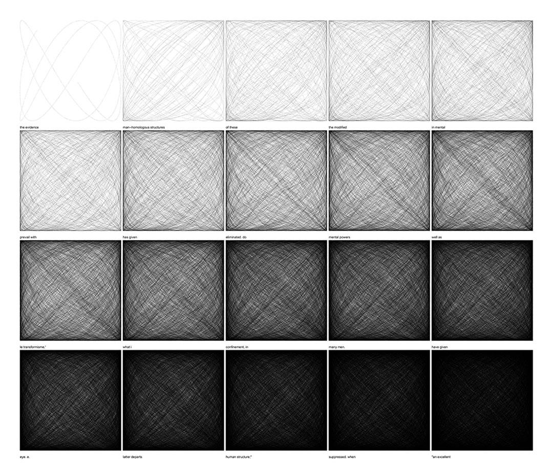 Visual representation of Darwin’s text on evolutionary theory. A procession in a system of increasing entropy.